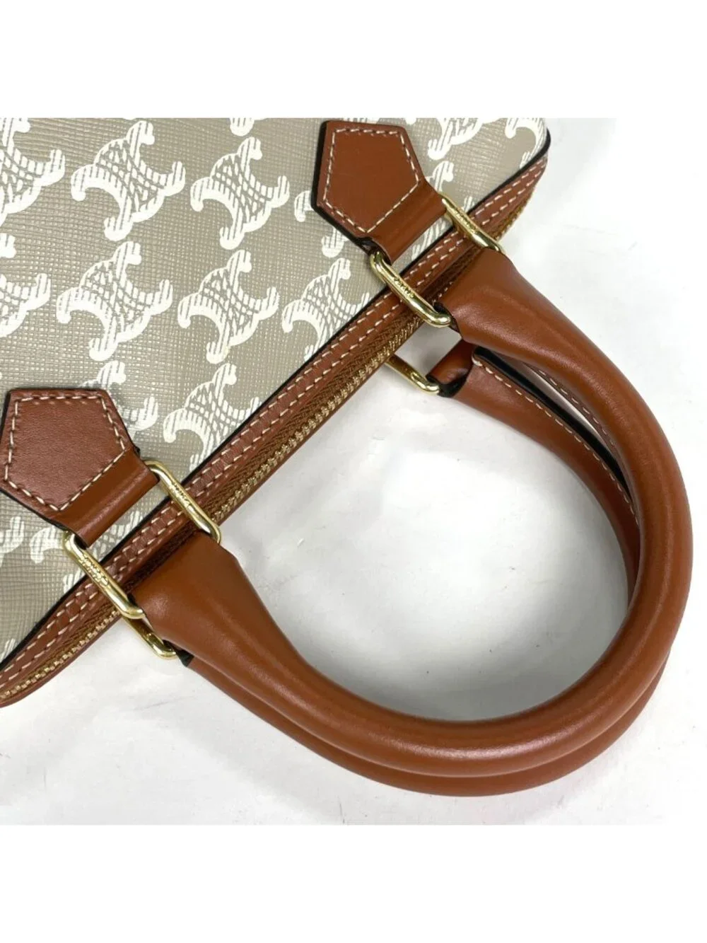 Celine Triomphe Small Boston Handbag 2-Way Beige Brown
